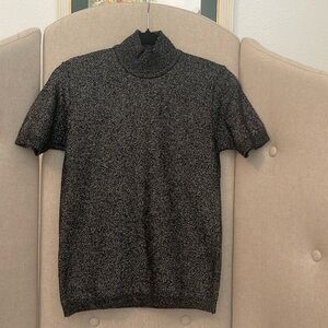 Vintage Turtle Neck Short Sleeve Slim Fit Black Silver Metallic Sweater XS-S